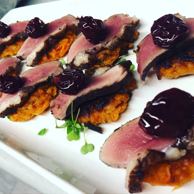 King Cole Duck on Sweet Potato Pancake with Niagara Ice Wine Cherry Compote